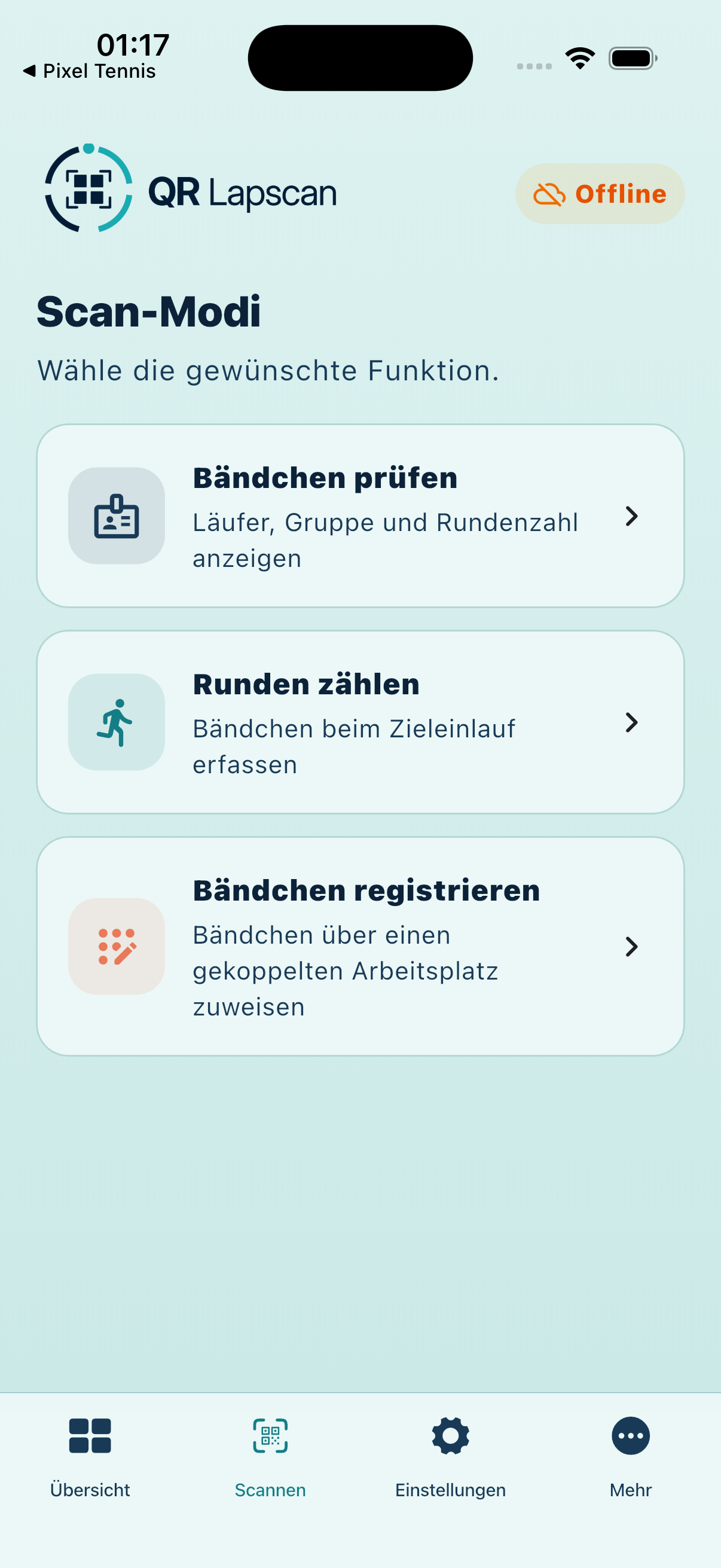 Scan-Modi Übersicht in der QR LapScan App