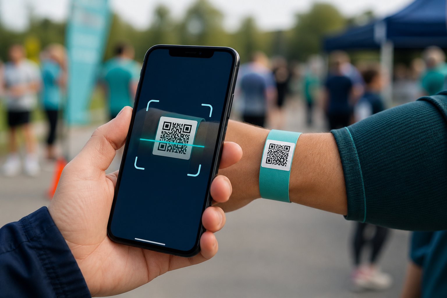 Smartphone scannt das QR-Armband eines Läufers