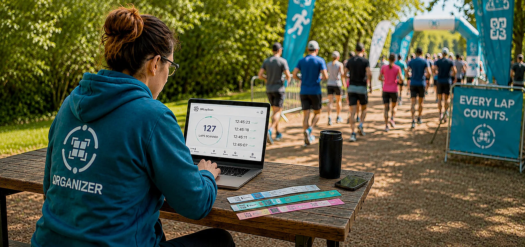 Organizer following laps live in the portal while runners start in the background