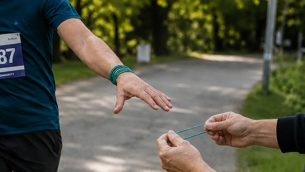 Helfer übergibt einem Läufer ein Gummiband zum Rundenzählen