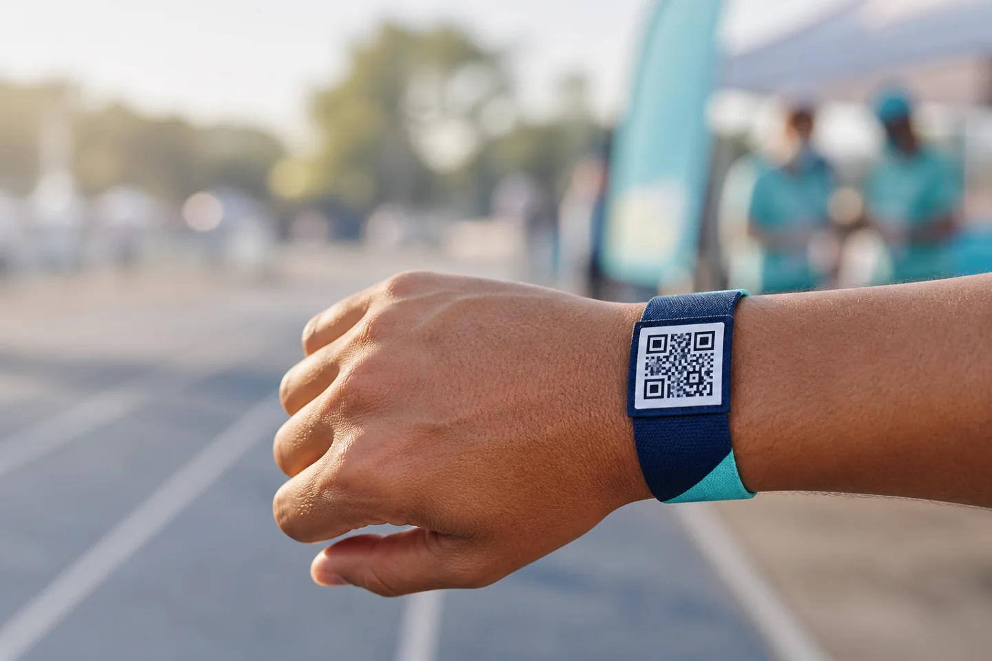 Handgelenk mit QR-Code-Eventbändchen bei einem Spendenlauf